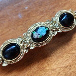 Vintage French Gold Tone Hair Barrette Black Floral Cabochon 1990s Cottagecore
